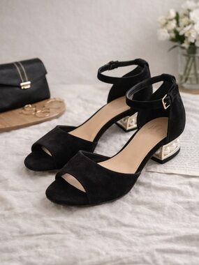 Black Suede Sandals Pearl Block Heel Ankle Strap Dress Shoes 7